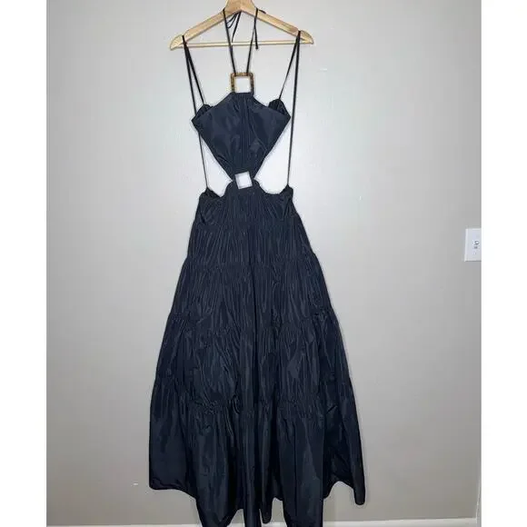 Staud Dome Halter Neck Cut Out Maxi Dress Tiered Skirt Black Size Medium - Picture 3 of 10